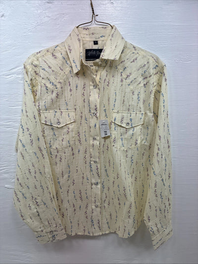 New Women’s White Horse Yellow Floral Long Sleeve Pearl Snap Small DD-47