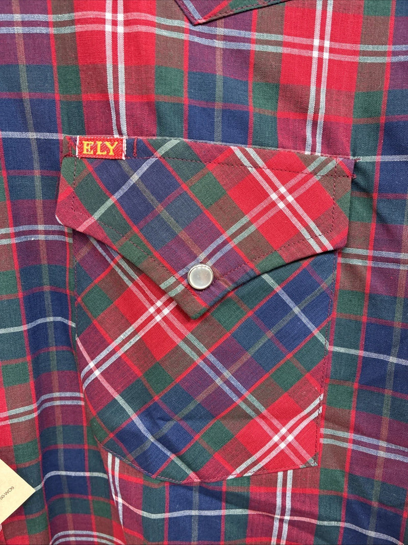 New Men’s ELY Plains Red Blue Plaid Long Sleeve Pearl Snap 16.5 Large Q-74