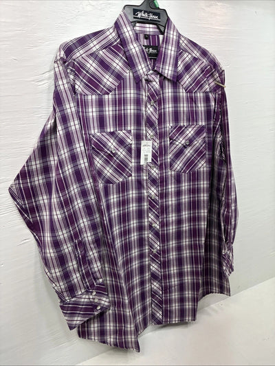 New Men’s White Horse People Plaid Long Sleeve Pearl Snap XL J-37