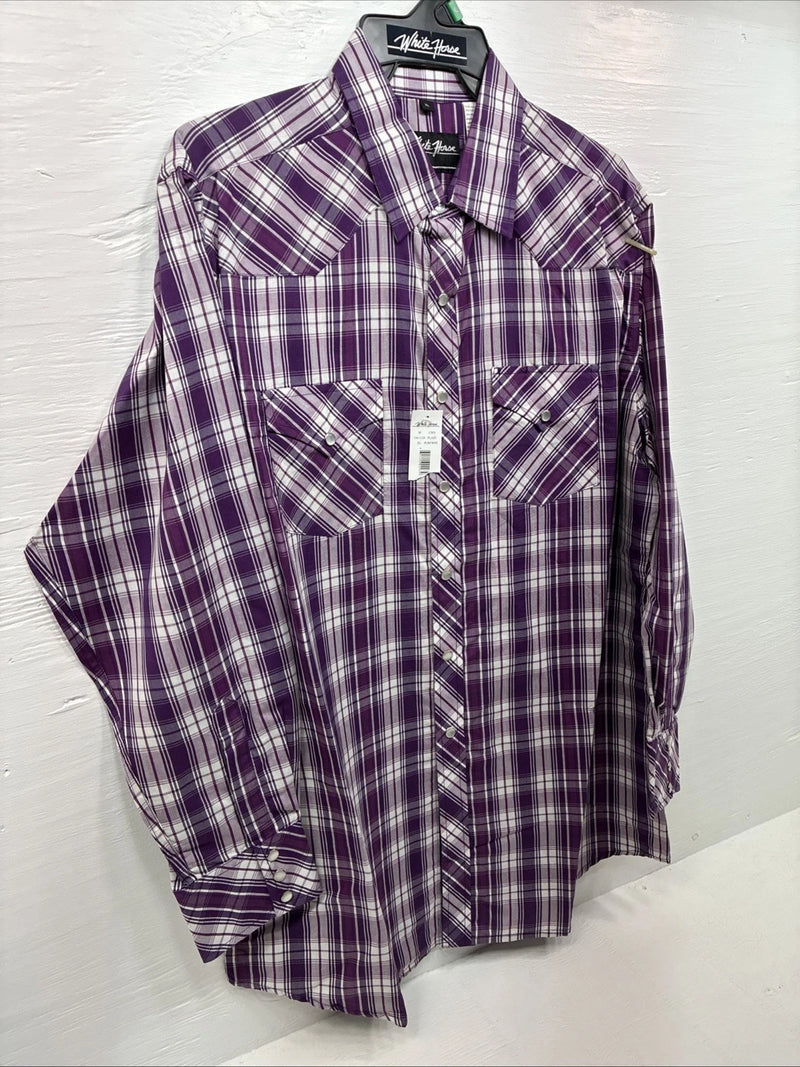 New Men’s White Horse People Plaid Long Sleeve Pearl Snap XL J-37