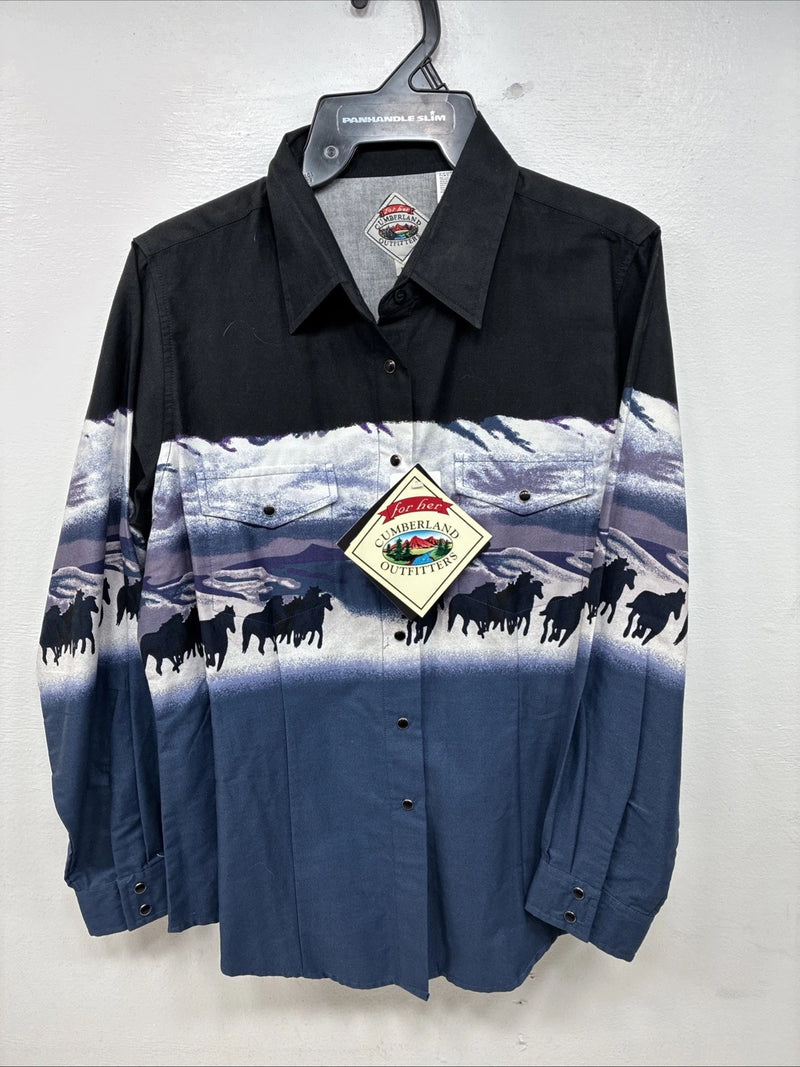 New Women’s Cumberland Blue Horse Design Long Sleeve Pearl Snap Medium YY-83