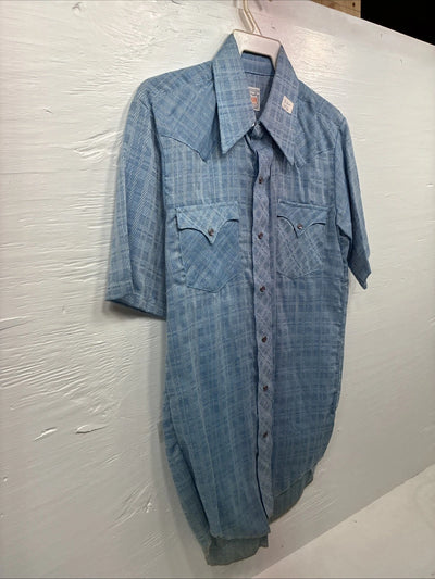 New Men’s Karman Blue Designed Short Sleeve Pearl Snap 14.5 Small V-9