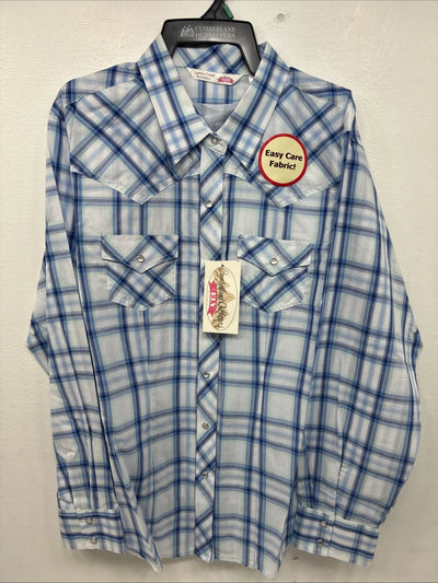 New Women’s Cumberland Blue Plaid Long Sleeve Pearl Snap XL GG-65