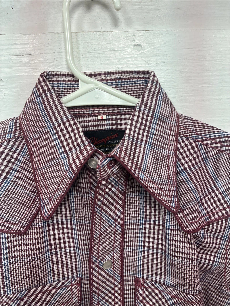 New Kids Champion Western Red Plaid Long Sleeve Pearl Snap Size 6 DD-50