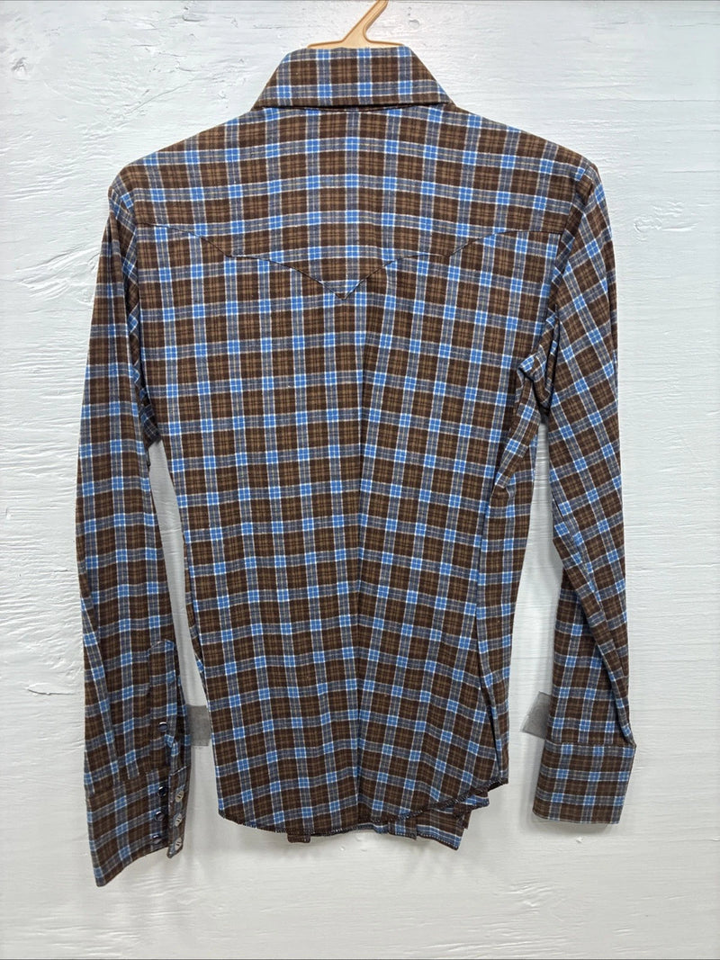 New Kids Panhandle Slim Brown Plaid Long Sleeve Pearl Snap Size 12 CC-88