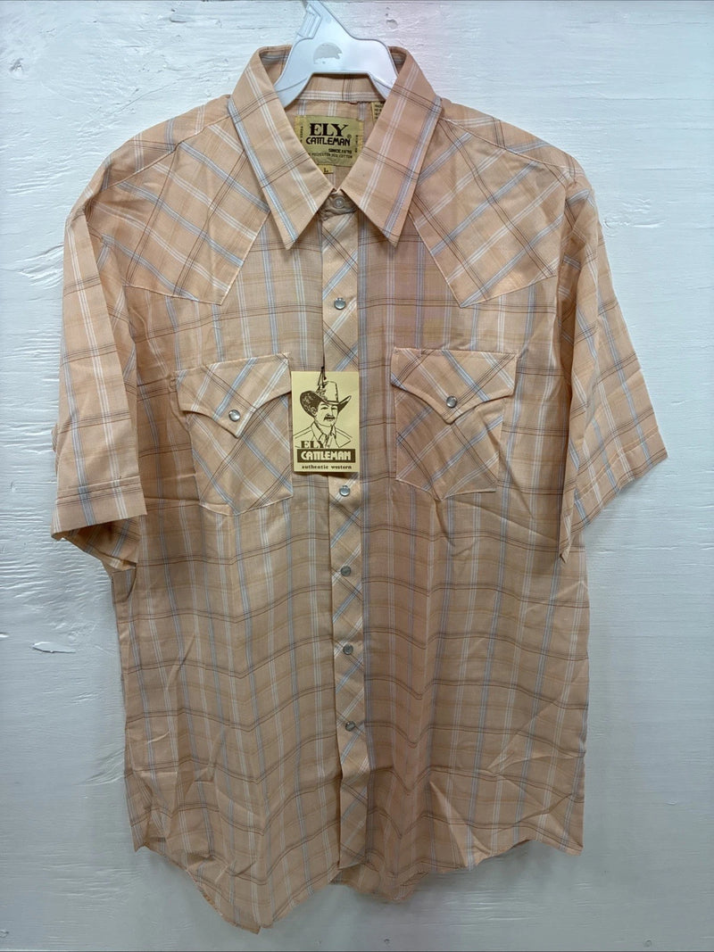 New Men’s ELY Cattleman Orange Plaid Long Sleeve Pearl Snap Large AA-113