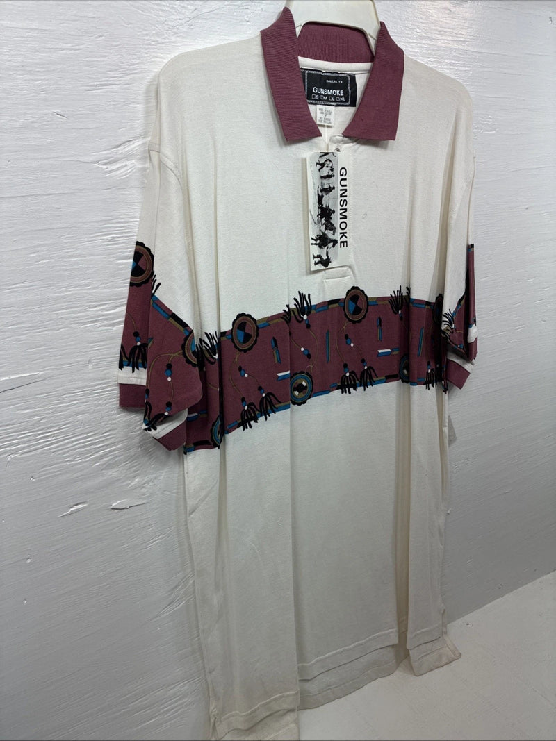 New Men’s GunSmoke White Western Design Short Sleeve Polo Shirt Large R-41