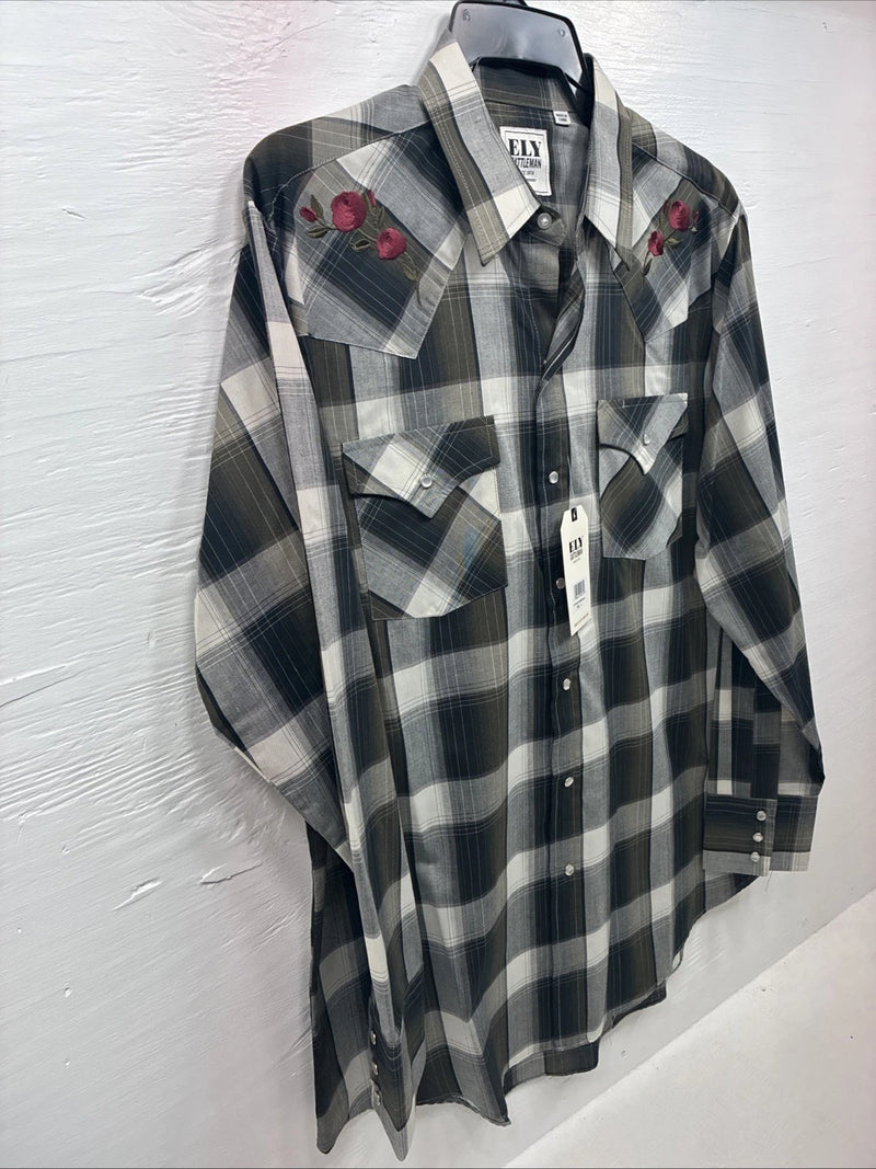 New Men’s ELY Cattleman Green Gray Plaid Long Sleeve Pearl Snap Large X-27