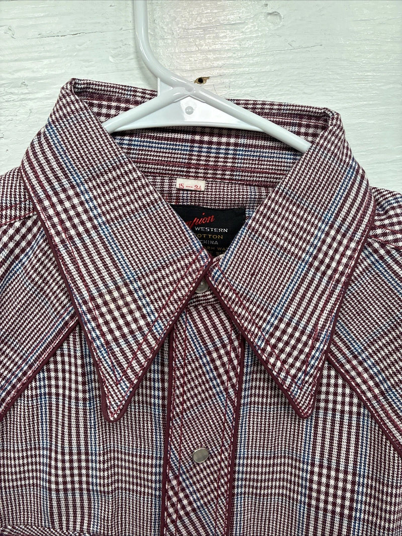 New Men’s Champion Western Red Plaid Long Sleeve Pearl Snap 15 Medium AA-64