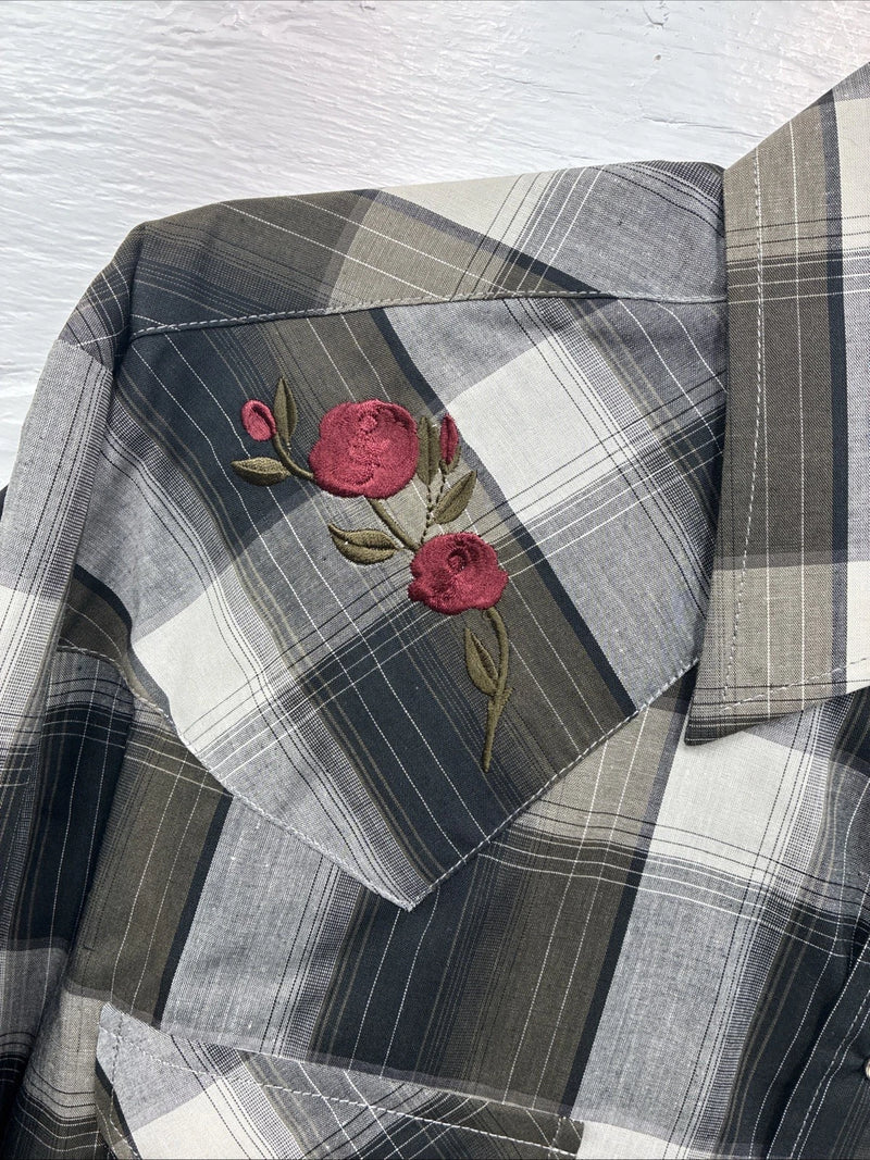 New Men’s ELY Cattleman Green Rose Plaid Long Sleeve Pearl Snap Large X-72