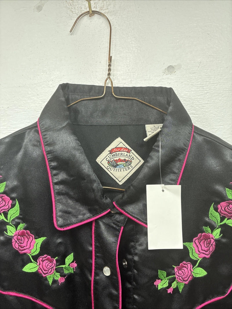 New Women’s Cumberland Black Floral Long Sleeve Pearl Snap Large KK-88
