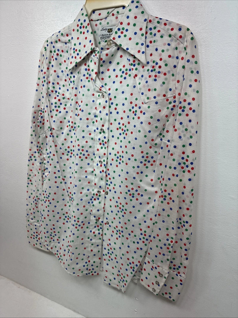 New Women’s Dickson Jenkins White Polkadot Long Sleeve Pearl Snap Size 38 LL-93