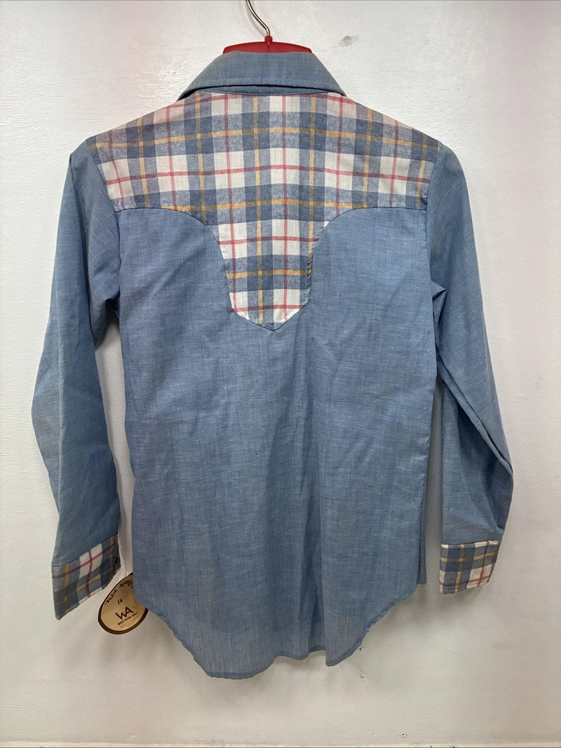 New Women’s Western Art Blue Plaid Long Sleeve Pearl Snap Size 16 TT-109
