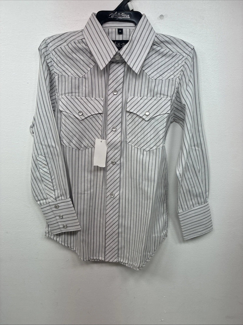 New Kids White Horse Gray Stripe Long Sleeve Pearl Snap Medium DD-57