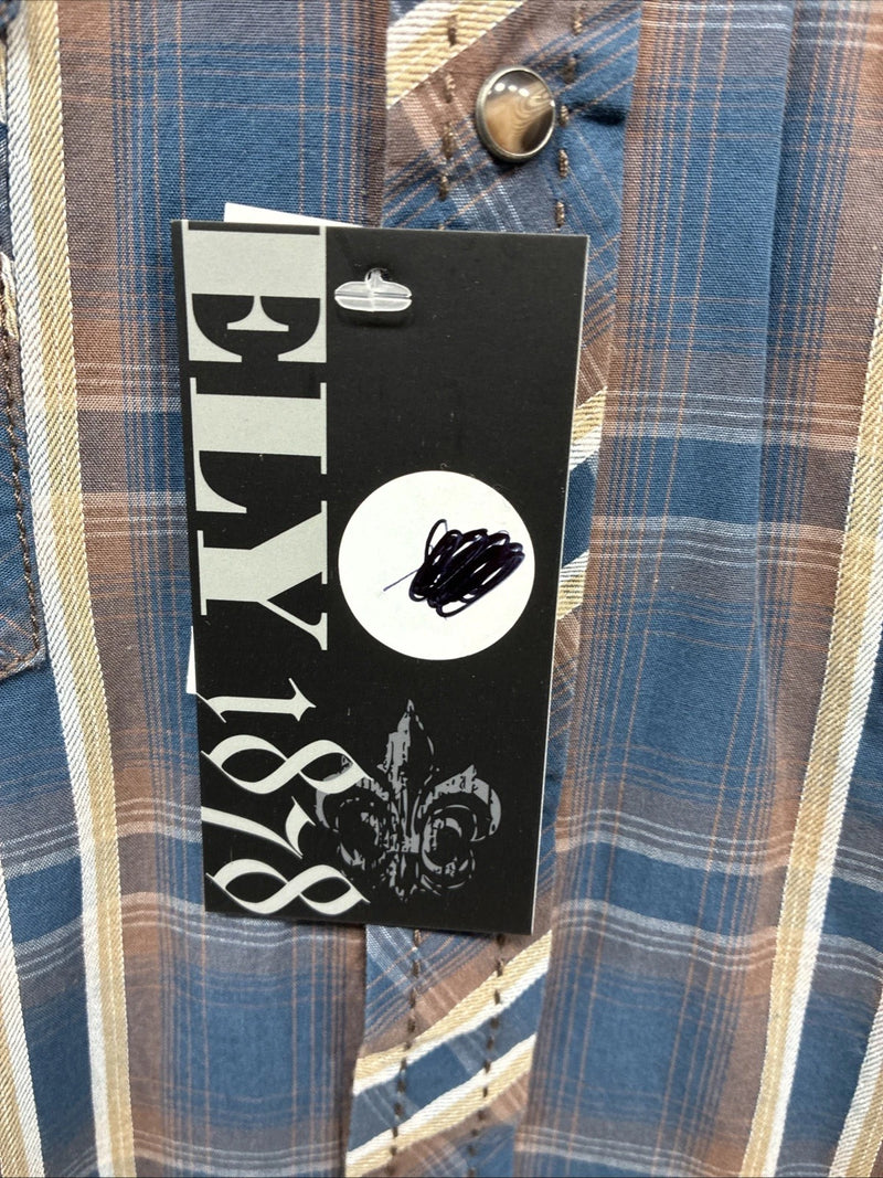 New Men’s ELY 1878 Blue Brown Plaid Long Sleeve Pearl Snap Large Q-32