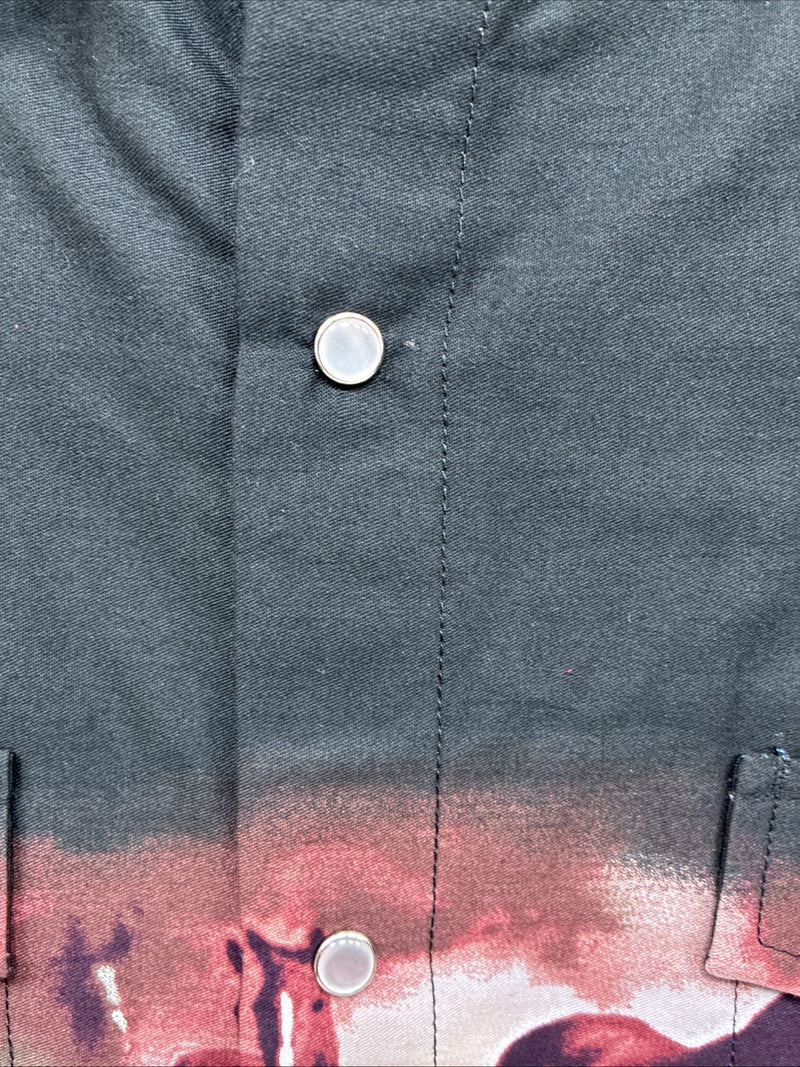 New Men’s ELY Cattleman Blue Black Horse Design Short Sleeve Pearl Snap Med J-96