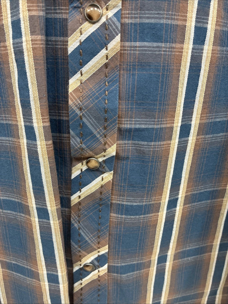 New Men’s ELY 1878 Blue Brown Plaid Long Sleeve Pearl Snap Medium J-89