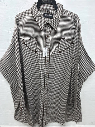 New Men’s White Horse Brown White Checkered Long Sleeve Pearl Snap 2XL H-50