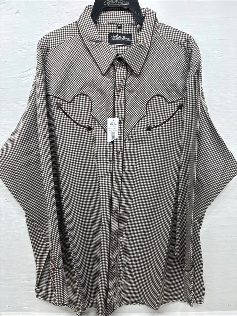 New Men’s White Horse Brown White Checkered Long Sleeve Pearl Snap 2XL H-50