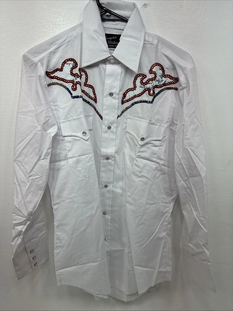 New Women’s Champion Western White Deisgn Long Sleeve Pearl Snap 15.5 MM-26