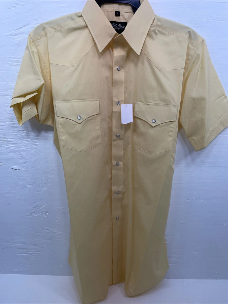 New Men’s White Horse Yellow Short Sleeve Pearl Snap Medium B-92