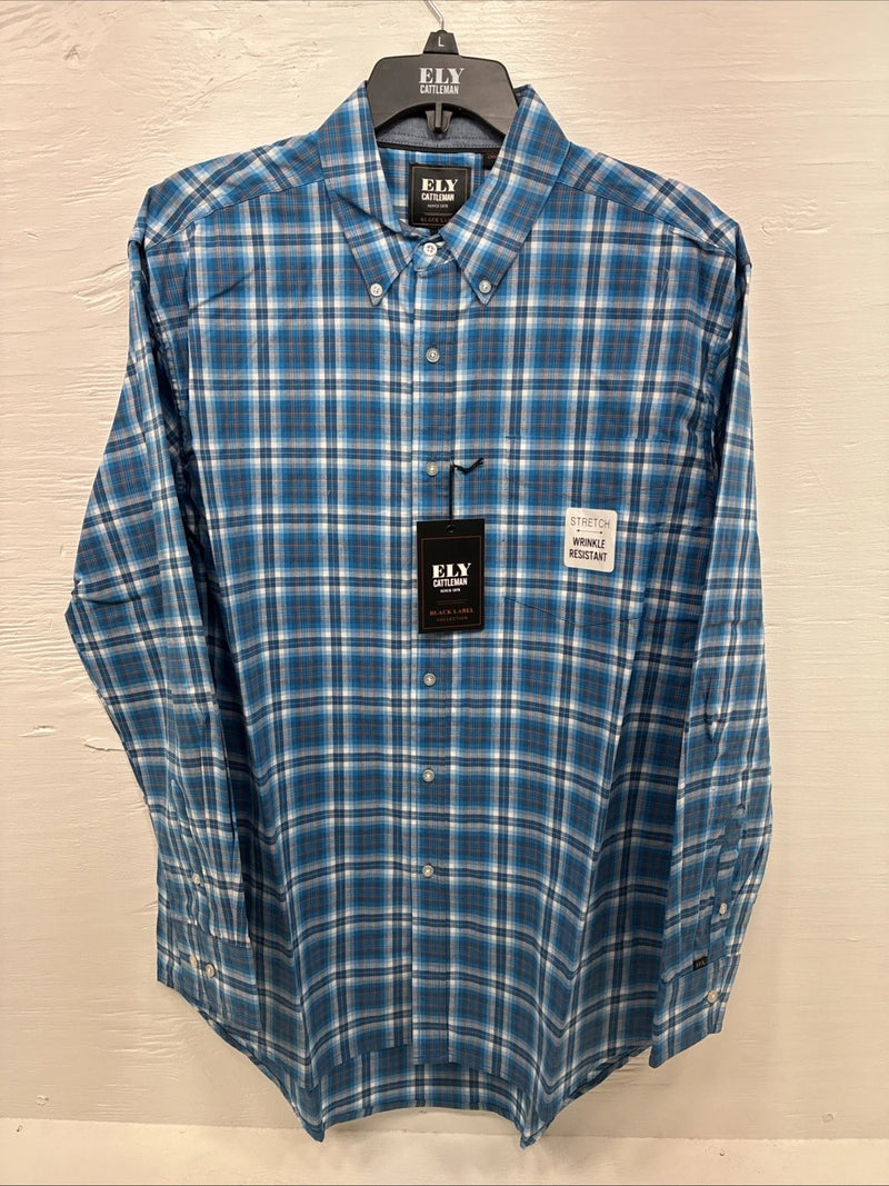 New Men’s ELY Cattleman Blue Plaid Long Sleeve Pearl Button Up Large CC-19