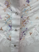 New Women’s American Rodeo White Embroidered Long Sleeve Pearl Snap 14 YY-133