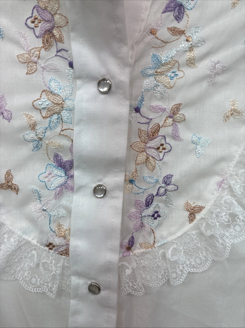 New Women’s American Rodeo White Embroidered Long Sleeve Pearl Snap 14 YY-133