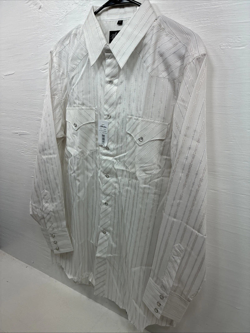 New Men’s White Horse White Stripe Long Sleeve Pearl Snap Large AA-77