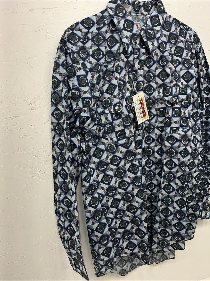 New Mens Blue Flower Denver Westerns Pearl Snap Long Sleeve Shirt. 15.5x33 G-75