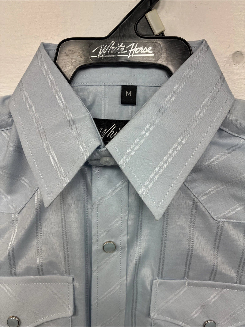 New Boys White Horse Blue Long Sleeve Pearl Snap Medium DD-120
