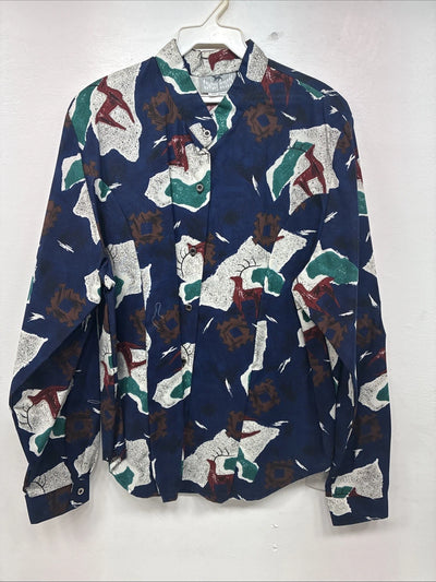 New Women’s Cowboy Threads Blue Design Long Sleeve Button Up Medium KK-23