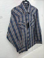 New Men’s ELY 1878 Blue Brown Plaid Long Sleeve Pearl Snap XL T-35