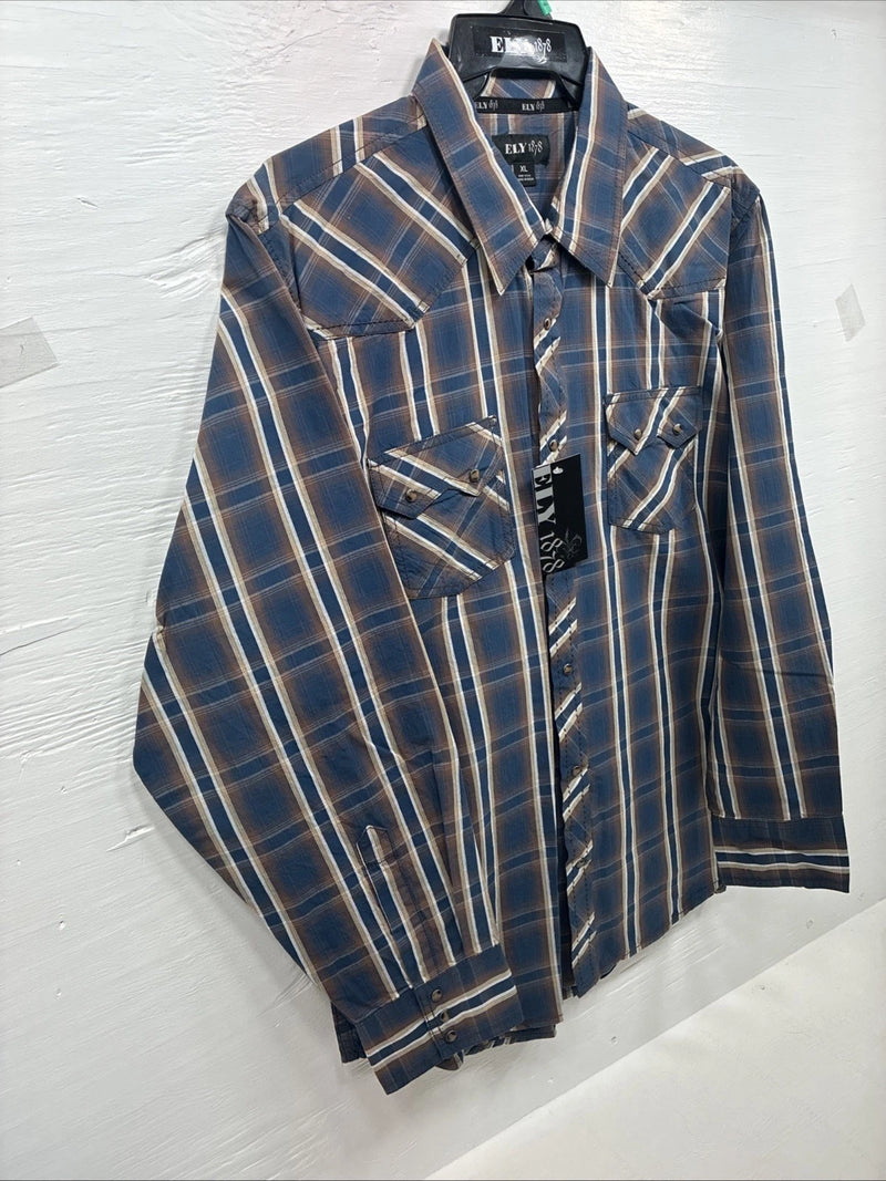 New Men’s ELY 1878 Blue Brown Plaid Long Sleeve Pearl Snap XL T-35