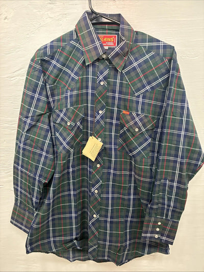 New Men’s ELY Plains Green Multicolor Plaid Long Sleeve Pearl Snap Medium M-45