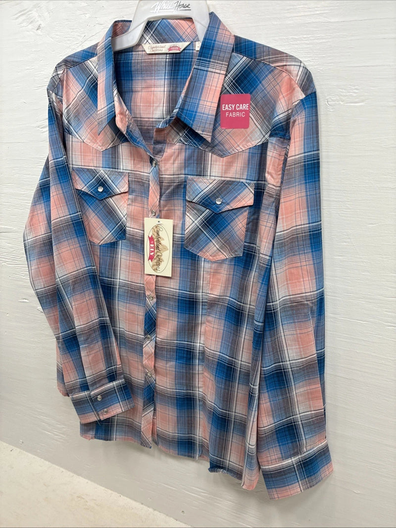 New Girls Cumberland Blue Pink Plaid Long Sleeve Pearl Snap 3XL CC-111