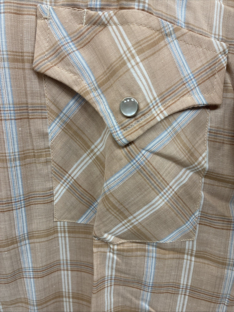 New Men’s ELY Cattleman Tan Plaid Short Sleeve Pearl Snap Medium Short K-70