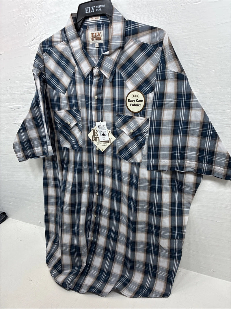 New Men’s ELY Cattleman Blue Tan Flannel Short Sleeve Pearl Snap 4XL E-68