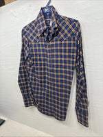 New Kids Panhandle Slim Blue Gold Plaid Long Sleeve Pearl Snap Size 10 CC-81