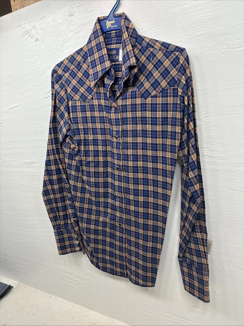 New Kids Panhandle Slim Blue Gold Plaid Long Sleeve Pearl Snap Size 10 CC-81