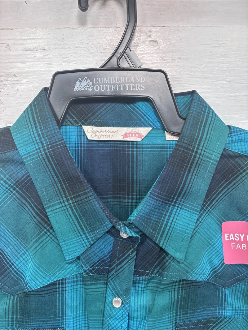 New Girls Cumberland Blue Plaid Long Sleeve Pearl Snap Size 2XL CC-120