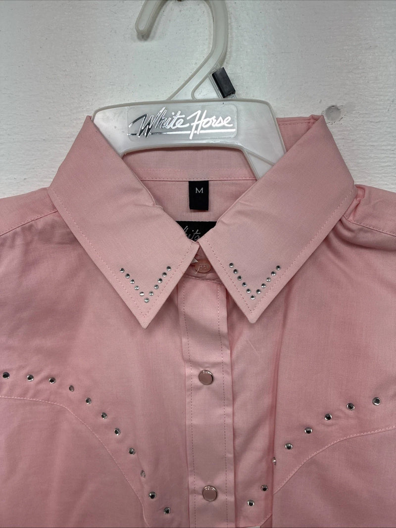 New Women’s White Horse Pink Gem Long Sleeve Pearl Snap Medium LL-60