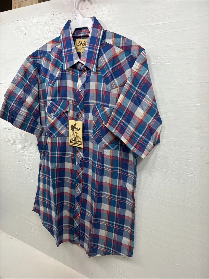New Men’s ELY Cattleman Purple Plaid Short Sleeve Pearl Snap Medium CC-15
