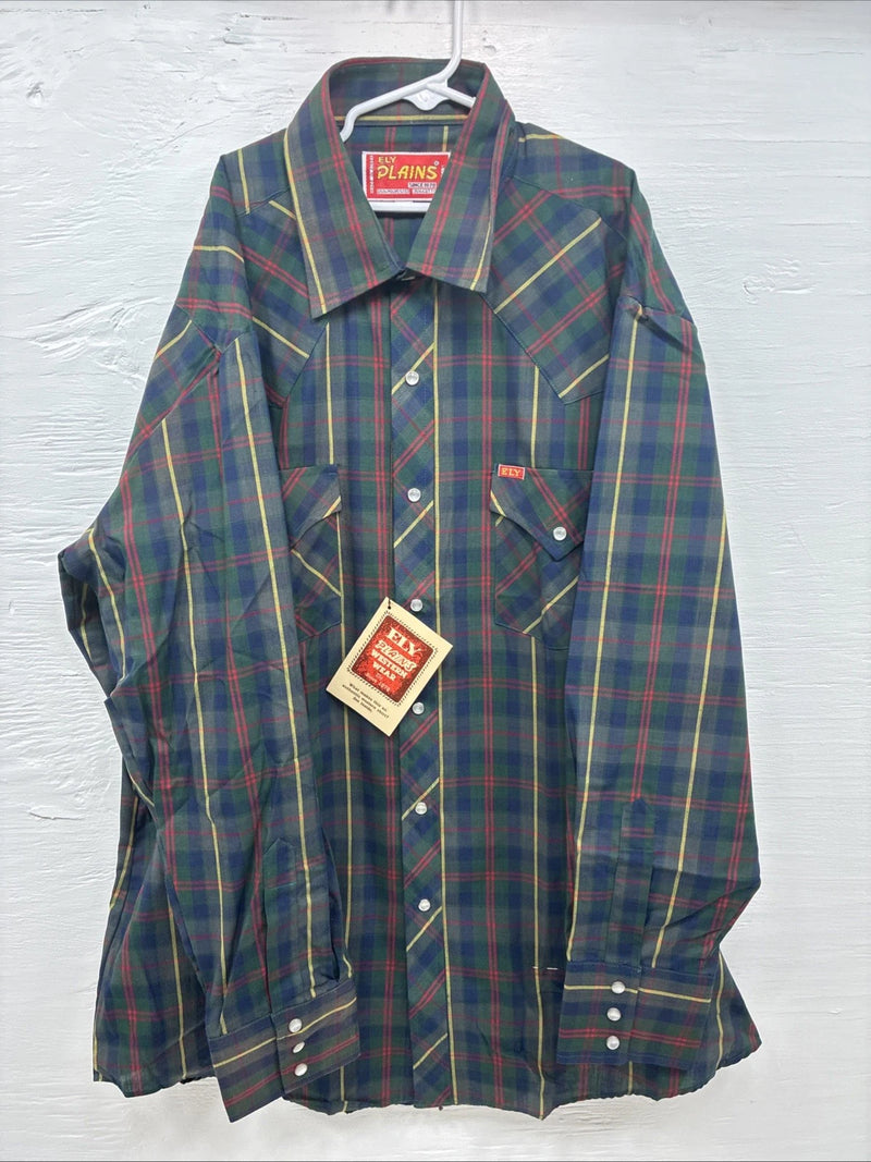 New Men’s ELY Plains Green Multicolor Plaid Long Sleeve Pearl Snap Large M-39