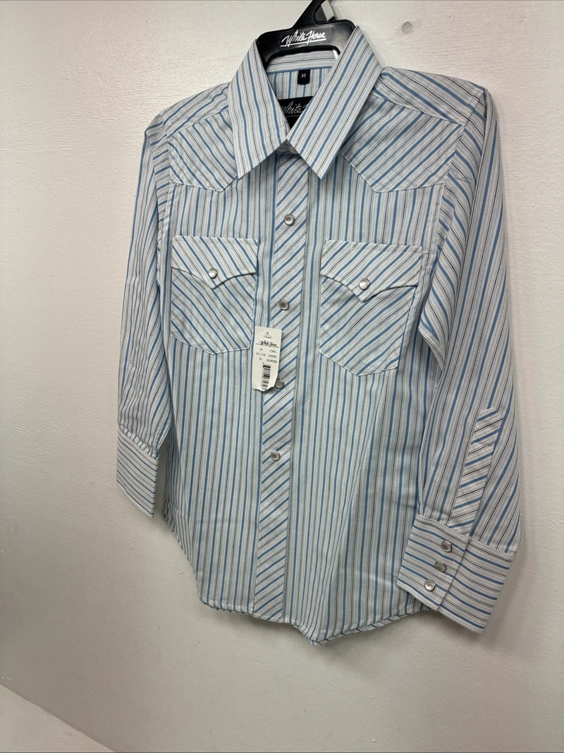 New Kids White Horse Blue Stripe Long Sleeve Pearl Snap Medium DD-75