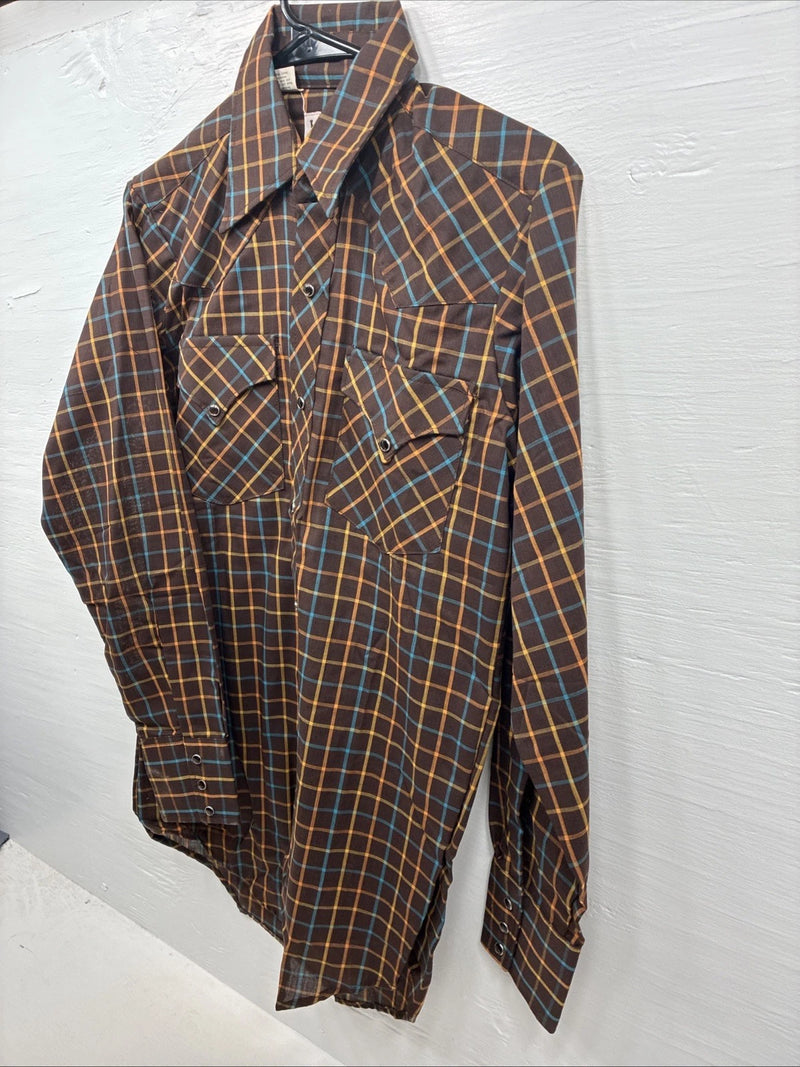 New Men’s LEE Brown Plaid Long Sleeve Pearl Snap 14.5 Small M-55