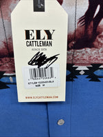 New Men’s ELY Cattleman Blue Black Horse Design Short Sleeve Pearl Snap Med J-96