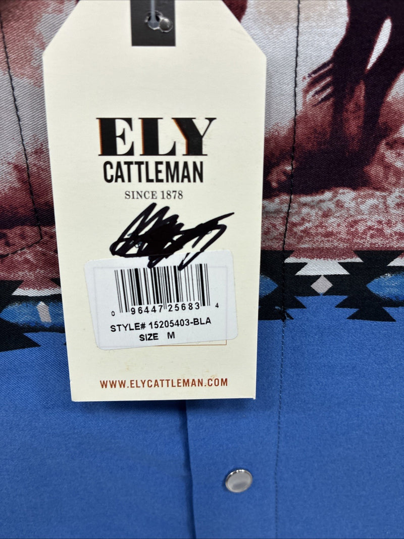 New Men’s ELY Cattleman Blue Black Horse Design Short Sleeve Pearl Snap Med J-96