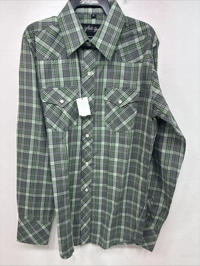 New Kids White Horse Green Plaid Long Sleeve Pearl Snap XL DD-59