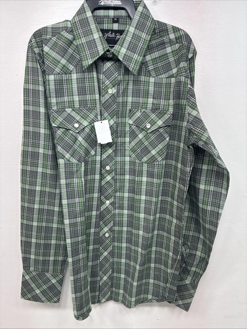 New Kids White Horse Green Plaid Long Sleeve Pearl Snap XL DD-59 